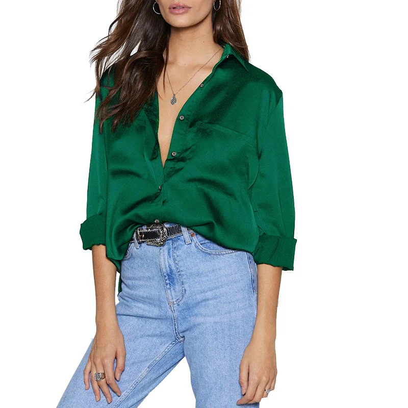 

2020 Spring Women Blouse Elegant Satin Shirt Turn Down Collar Longth Sleeve Female Formal Office OL Silk Tops Blusas Mujer Rz*