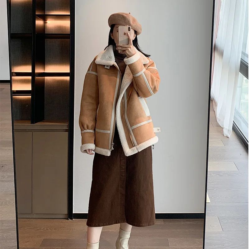 

Suede Lamb Wool Patchwork Coat Korean Loose Winter Jacket Women Fashion Thick Jackets