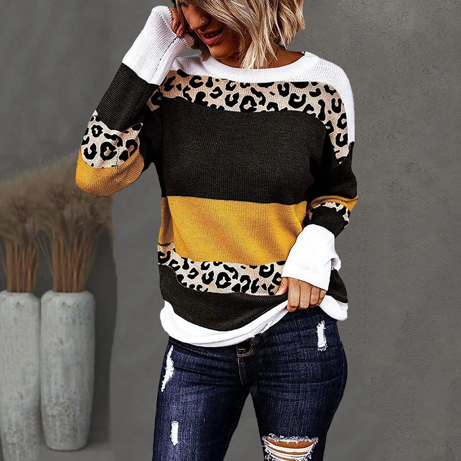 

Winter Knitted Sweaters Oversized Women Round Neck Knitted Long Sleeve Color Block Hem Pullovers Sweaters Свитер Женский
