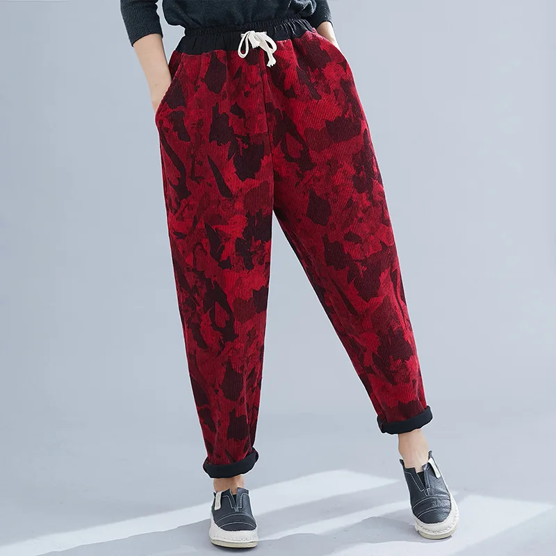 Женские брюки шаровары Johnature винтажные вельветовые красные с эластичным поясом и