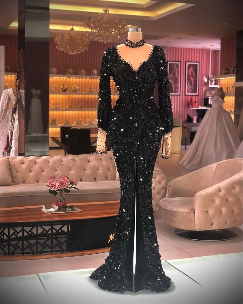 

Hot Sale Beaded Black Color Prom Dresses 2021 Long Sleeve Zipper Birthday Party Gowns Custom Made Plus Size Abendkleider