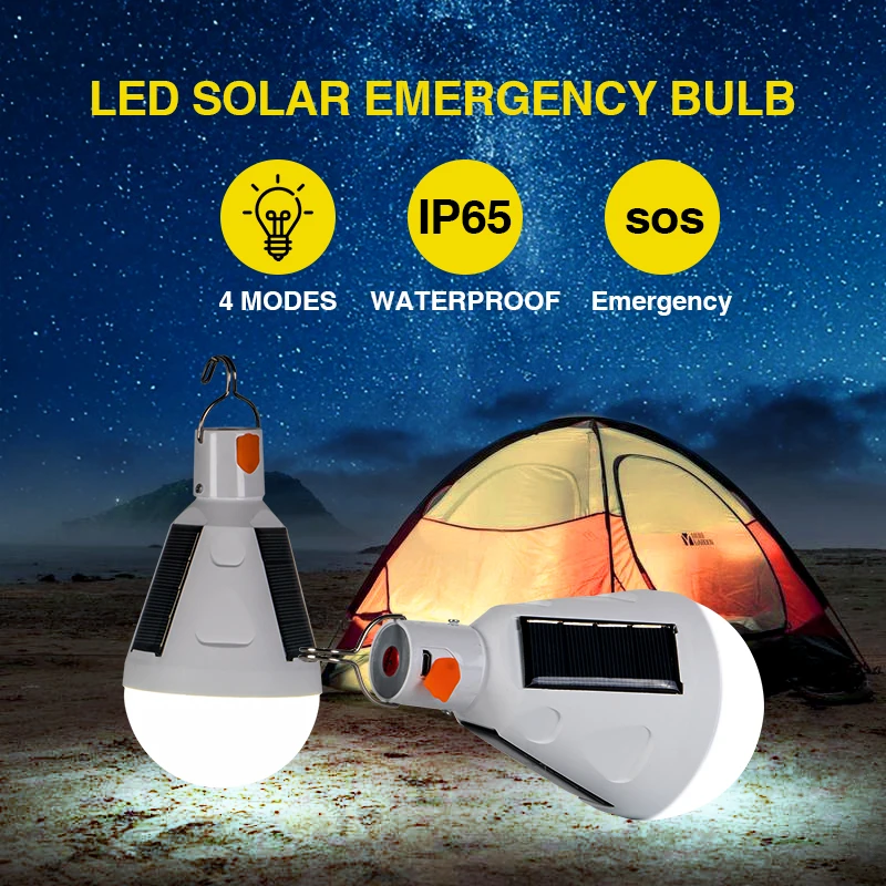 Portable 12W Solar Powered LED Bulb DC5V USB Rechargeable 3 Lighting Modes Home Emergency Lamps Outdoor Camping flashlight