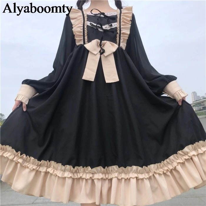 

Japanese Lolita Style Autumn Spring Women Lolita Dress Square Collar Contrast Color Bow Princess Dress Cute Kawaii Ruffles Dress