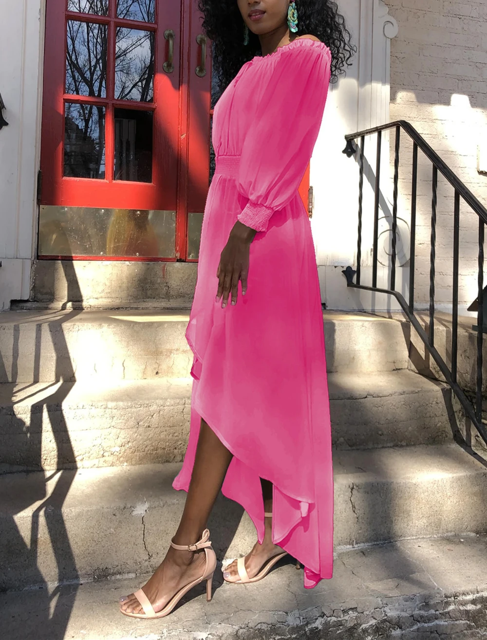 

Ladies Dress Fashion Slim Thin Section Pure Color Chiffon Long Sleeve Dress Casual Long Street Large Size Irregular Dress Women