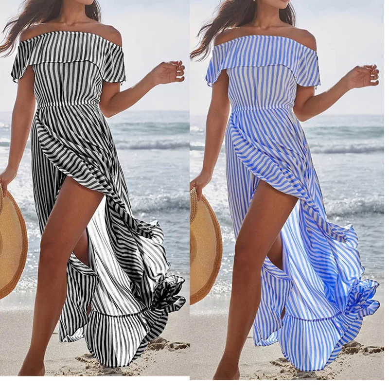 

Off Shoulder Strapless Striped Ruffles Dress Women Summer Sundresses Casual Split maxi dress Ladies Bohemian Beach Party Dresses