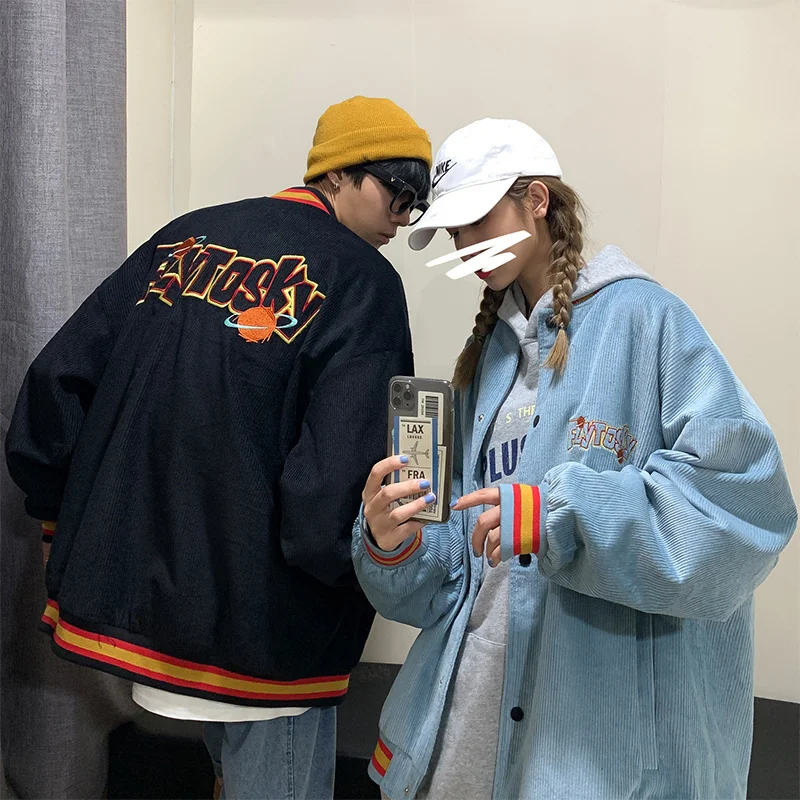 

Corduroy Embroidered Baseball suit men's fashion ins American single breasted couple loose jacket Vintage spring coat streetwear
