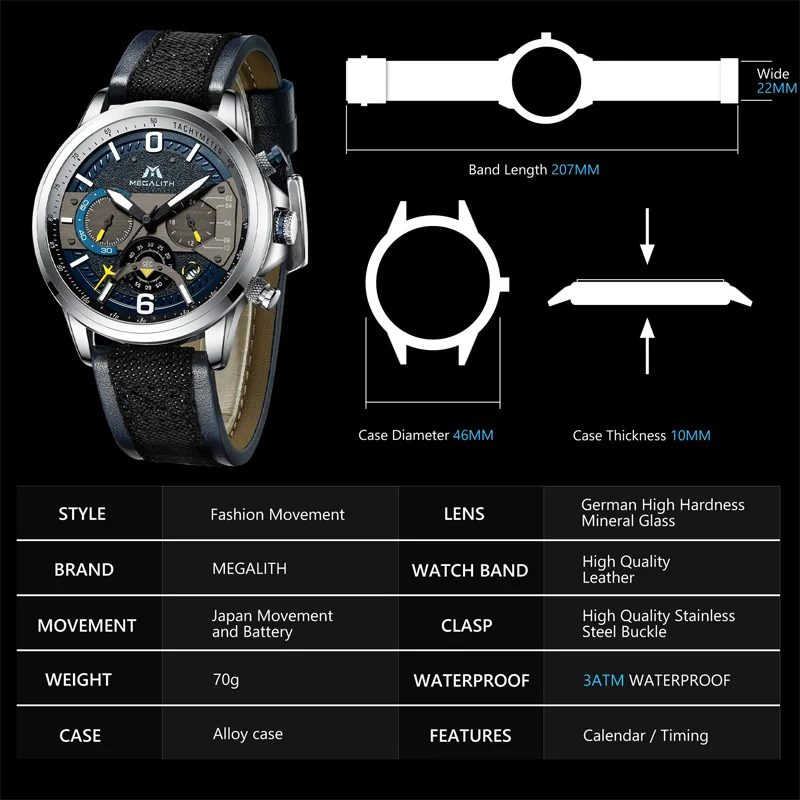 Relojes Para Hombre MEGALITH 2019 мужские часы многофункциональные кварцевые наручные