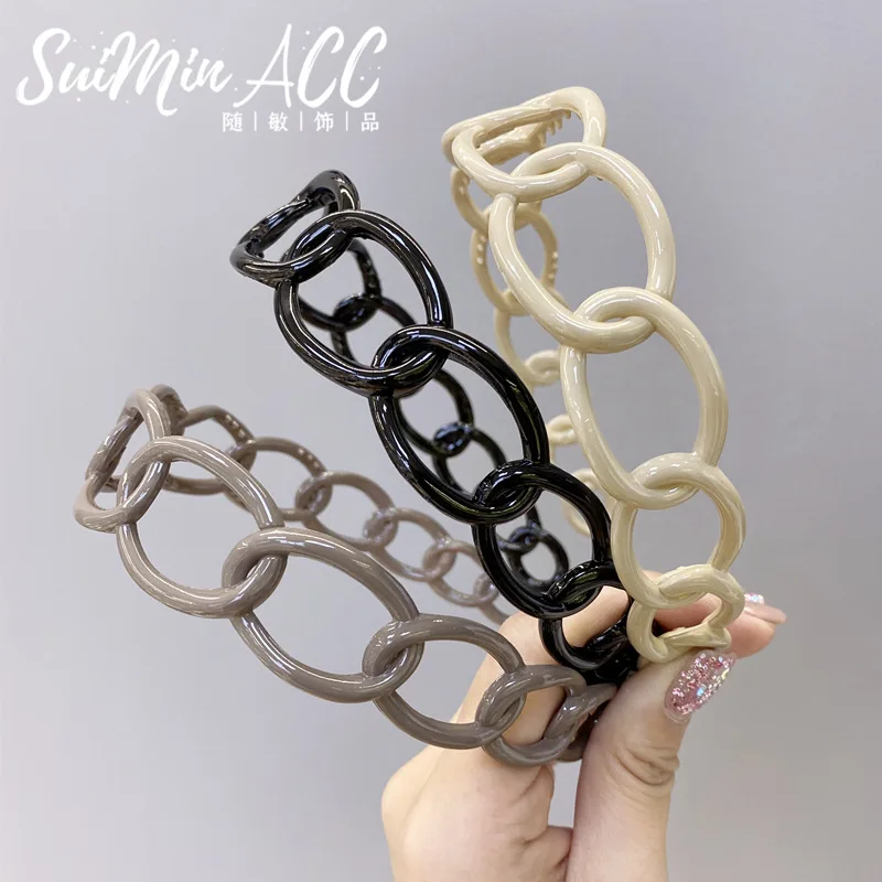 

Candy Solid Color Plastic Chain Wide Side Headband For Women Hair Accessories Flower Hairband Head Wrap Hair Band