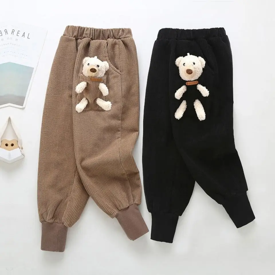 

Casual Girls Boys Fall Winter Pants Cotton Thick Warm Trousers Plus Velvet Pants Elastic Waisted Baby Kids Corduroy Pants 2-10 Y