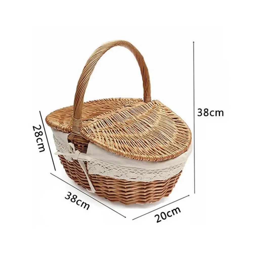 

80%Hot Sale Picnic Basket Handmade Wicker Woven Handle With Lid Camping Hiking Shopping Food Storage Basket Fruit Storage Basket