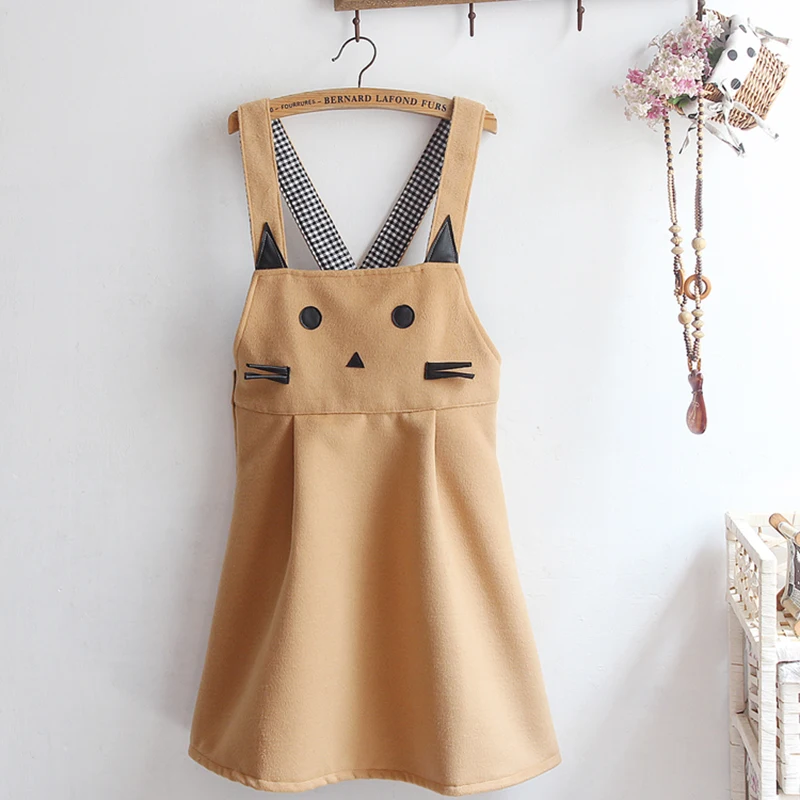 

Winter Japanese Kawaii Cat Printed Soft Teen Girls Sleeveless Dress Casual Lovely High Waist A-line Woolen Loose Female Dress
