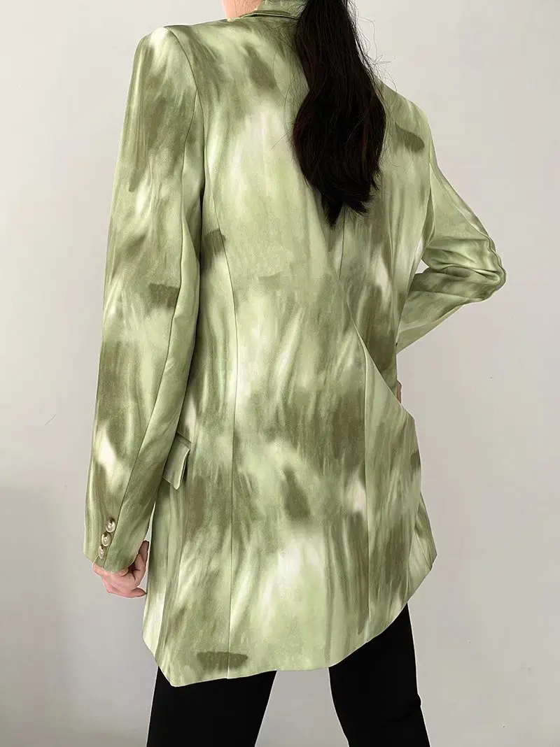 

TMODA413 Za Women Tie-dye Double Breasted Hit Color Blue Blazer Lapel Long Sleeve Loose Jacket Fashion Tide Spring Autumn 2021