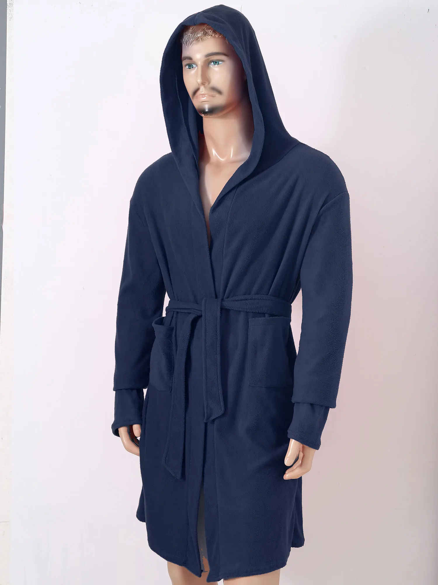 Mens Hooded Robe Night-robe Winter Warm Long Fleece Bathrobe  Plush Sleepwear Loungewear with Belt