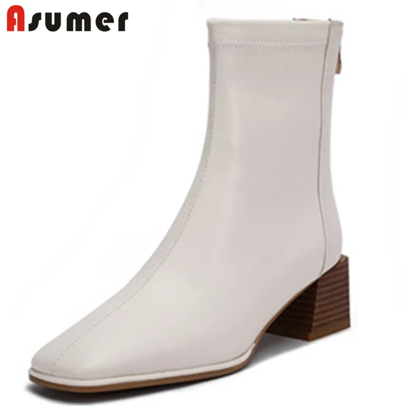 

Asumer 2021 Autumn Winter Stretch Boots Women Shoes Thick Heels Hot Sale Zipper Solid Colors Dress Shoes Women Ankle Boots