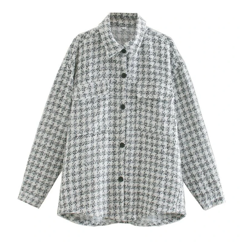 

Женское шерстяное пальто, винтажное клетчатое пальто в стиле «гусиные лапки» с длинными рукавами и двойными карманами, повседневная шикарн...