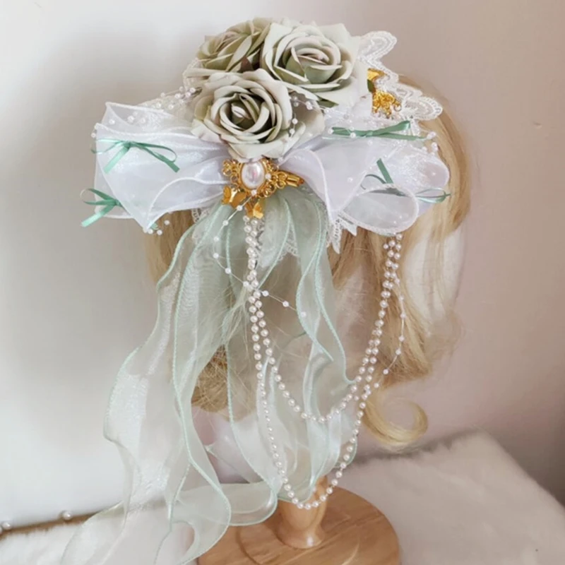 

Q1QA Lolita Girls Sweet Lace Bonnet Top Hat Rose Flower Ribbon Tassels Pearl Beading Chain Flat Cap Anime Kawaii Side Hair Clip