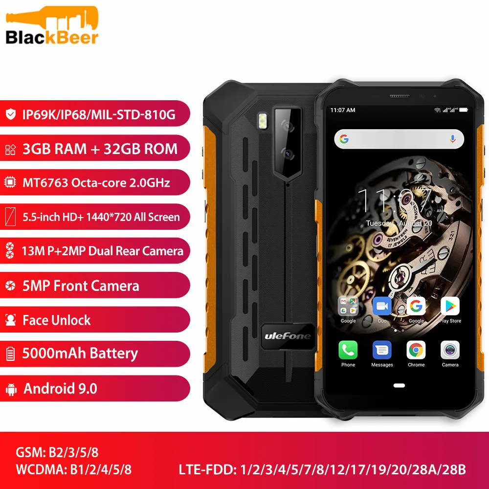 Ulefone Armor X5 5," мобильный телефон 4G LTE прочный водонепроницаемый смартфон Android 9,0 мобильный телефон 3 ГБ 32 ГБ MT6763 Восьмиядерный IP68 NFC