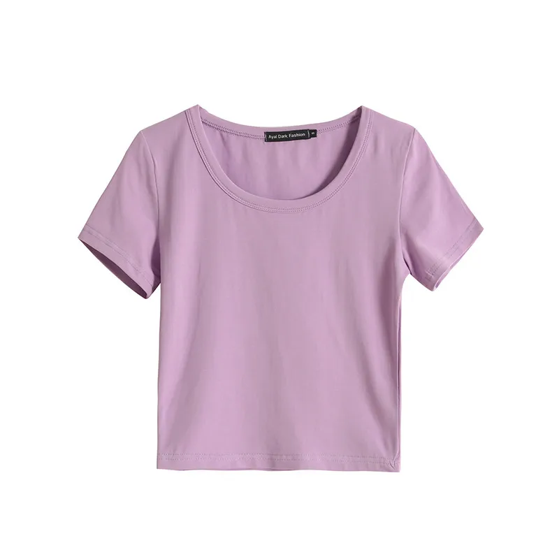 

Summer new style street solid color sexy big round neck short sleeve T-shirt women, short section exposed navel was thin T-shirt