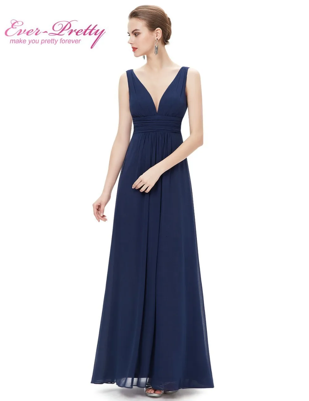 Vestido Fiesta Mujer Ever Pretty, длинное шифоновое свадебное платье трапециевидной формы с v-образным вырезом, элегантные королевские синие платья подружек невесты