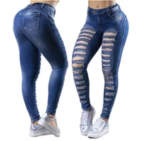 women sexy skinny jeans ripped pencil ladies denim pants washed cotton dark high waist blue trousers for female 8009