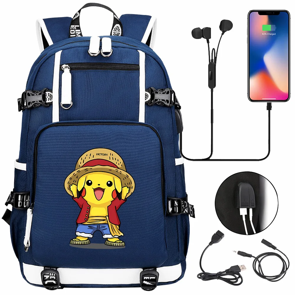 

Cartoon Elf Pikachou USB Charging Backpack Schoolbag Pockets Monsters Travel Notebook Bag Gift for Kids Students