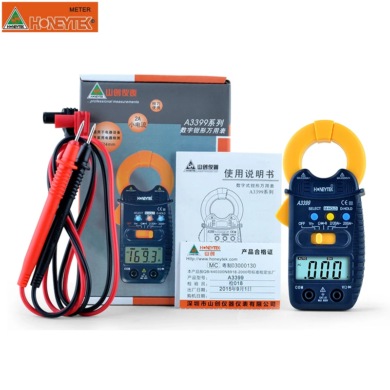 HONEYTEK A3390 цифровой клещи мультиметр мини Ампер DC/AC клещи вольтметр 600 в Автоматический диапазон измерения тока зажим