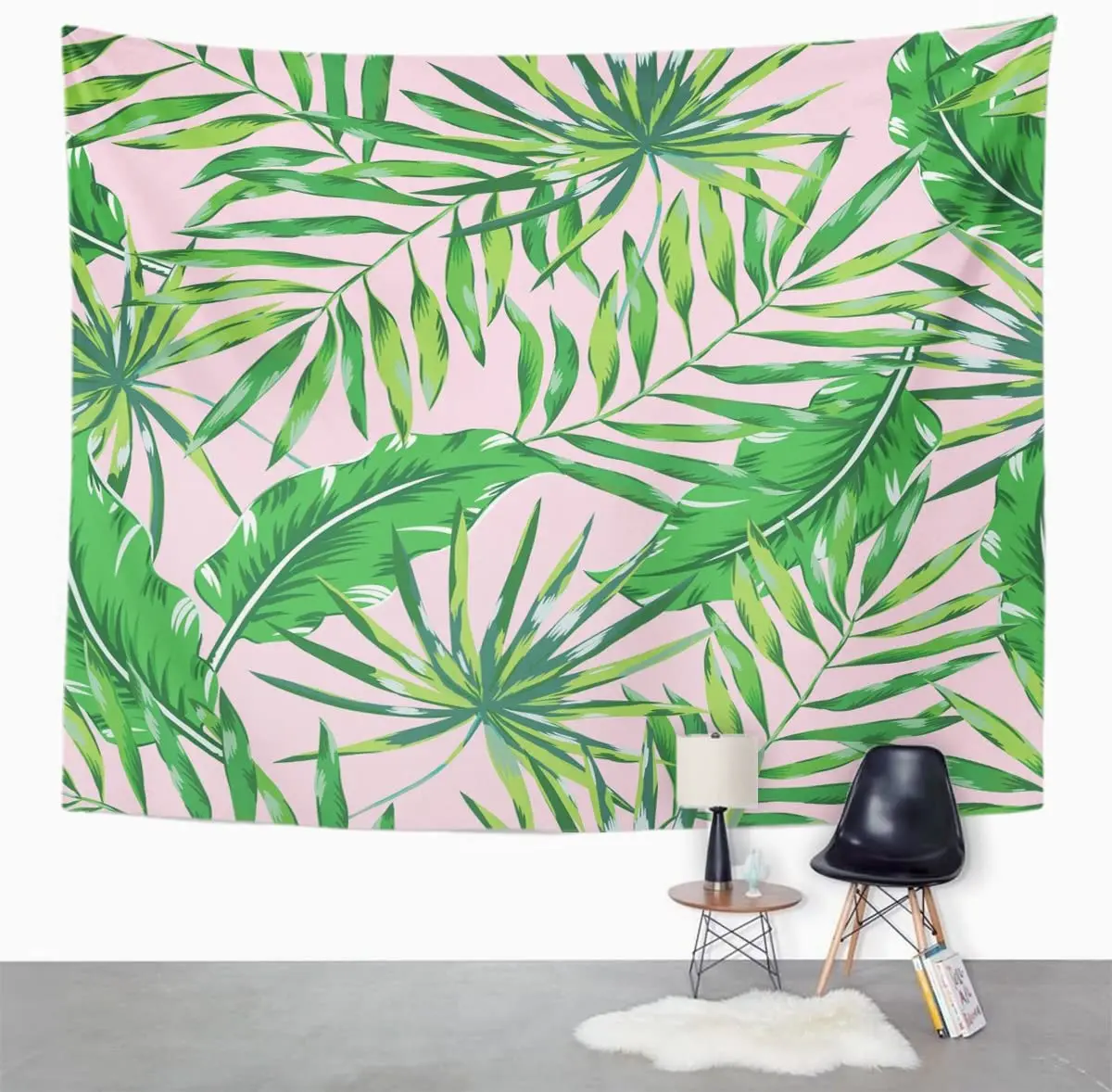 Гобелен экзотические Зеленые пальмовые листья на розовых тропических джунглях