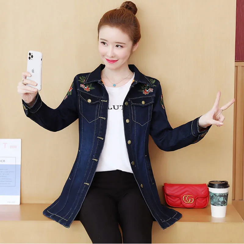 Женская джинсовая куртка с вышивкой однобортный облегающий бархатный жакет