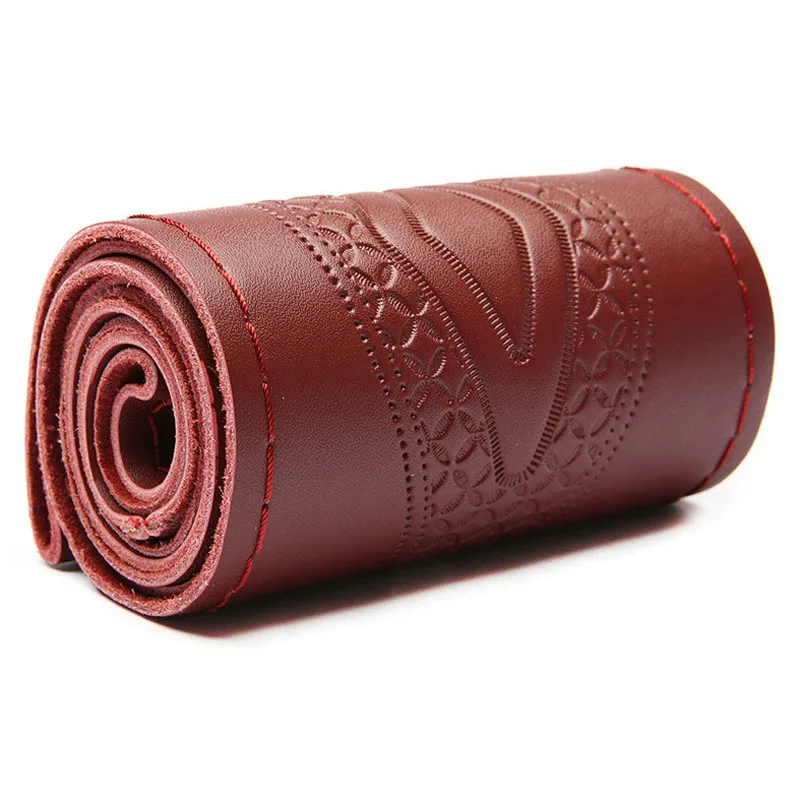 Red wine Универсальный 37-38 см из натуральной кожи Модный рельефный чехол для рулевого колеса автомобиля воловья руля-намотка на руль оплетка с игольчатой нитью - Название цвета: Red wine