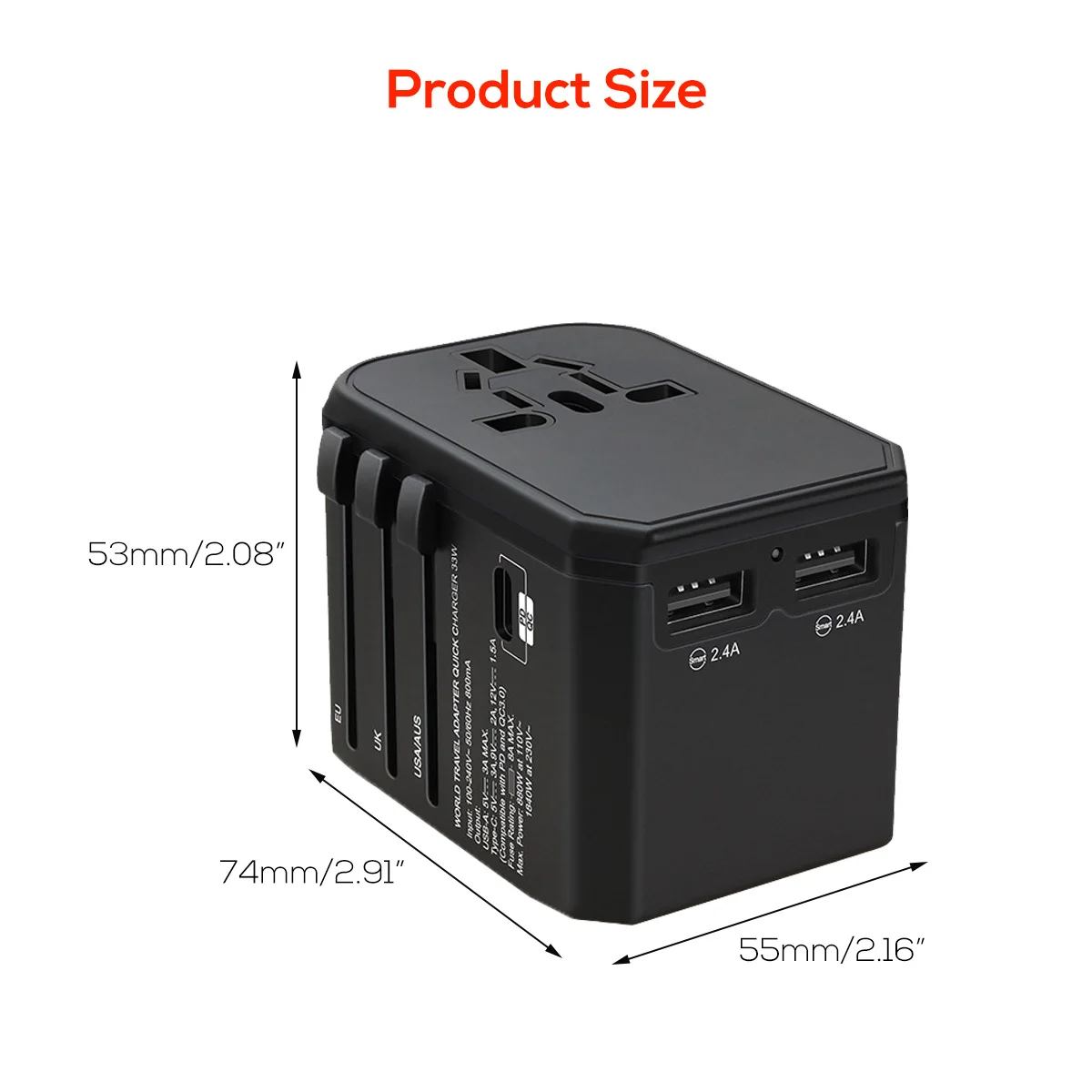 Всемирно известный адаптер для путешествий электрические вилки розетки 4 USB порта 2.4A Быстрая зарядка+ тип-c универсальное сетевое зарядное устройство для ЕС/Великобритании/США/Австралии