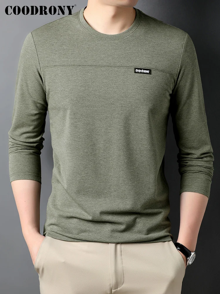

COODRONY брендовая Уличная Повседневная Мужская модная хлопковая футболка с длинным рукавом Новое поступление весна-осень мужская однотонная ...