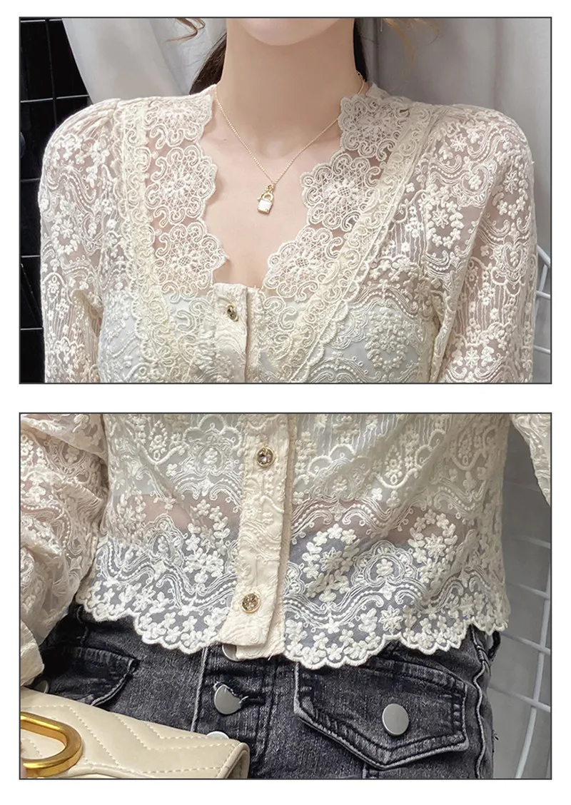 

Women Tops and Blouse 2020 Vintage Fall New Hollow Out Lace Bottom Shirt Slim V-neck Ruffled Long-sleeved Shirt Retro Palace Top