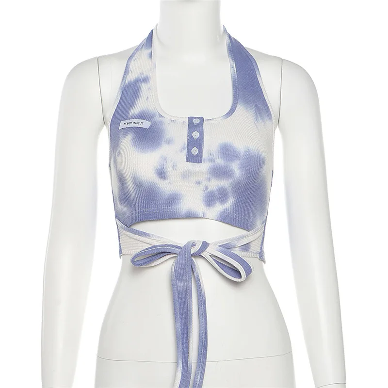 

Summer Tank Tops Slim Button Tie Dye Lace Up Lacing Backless Sleeveless Solid Color U-Neck Vest Casual Streetwear Fashion New