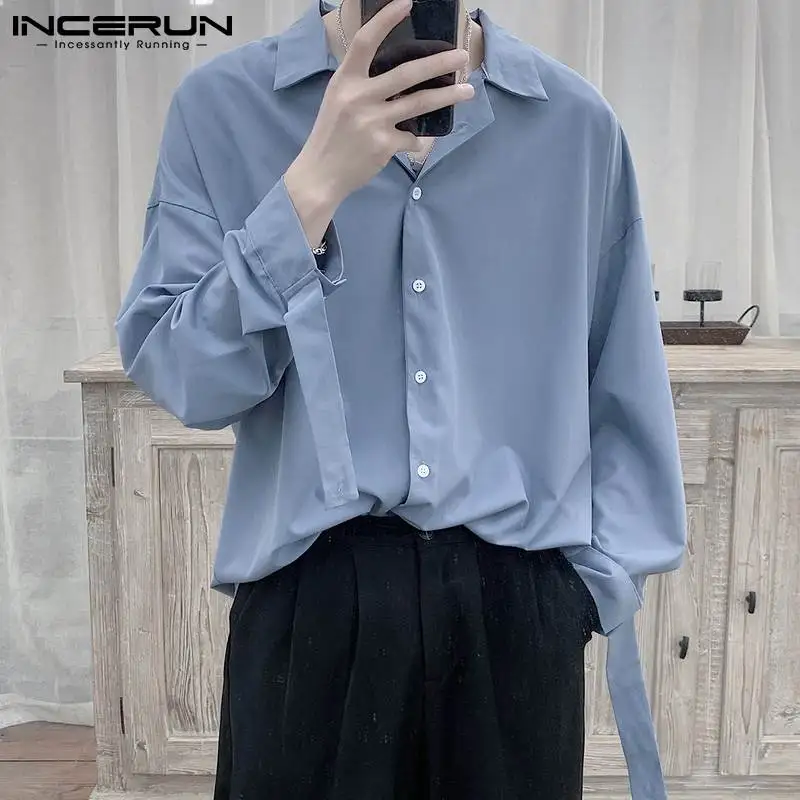 

Однотонная мужская рубашка INCERUN с отложным воротником и длинным рукавом 2021, модная Корейская повседневная мужская одежда, свободные блузки