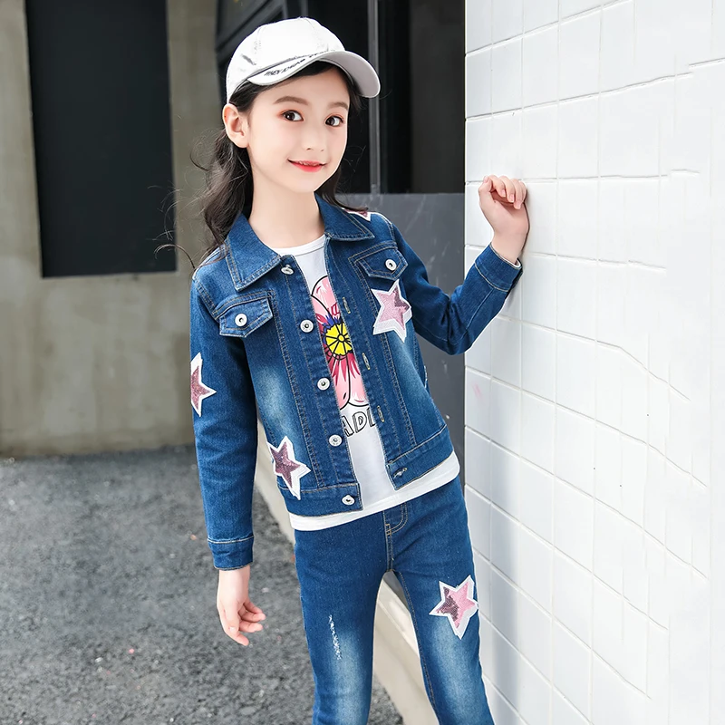

Spring & Autumn Cowboy Girl Sets New 2021 Korean Version Fashion 5-Pointed Star Print 2-Piece Denim Casual Children's Clothing