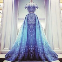 superkimjo robe soiree detachable train blue prom dresses 2020 lace applique short sleeve elegant beaded modest prom gown