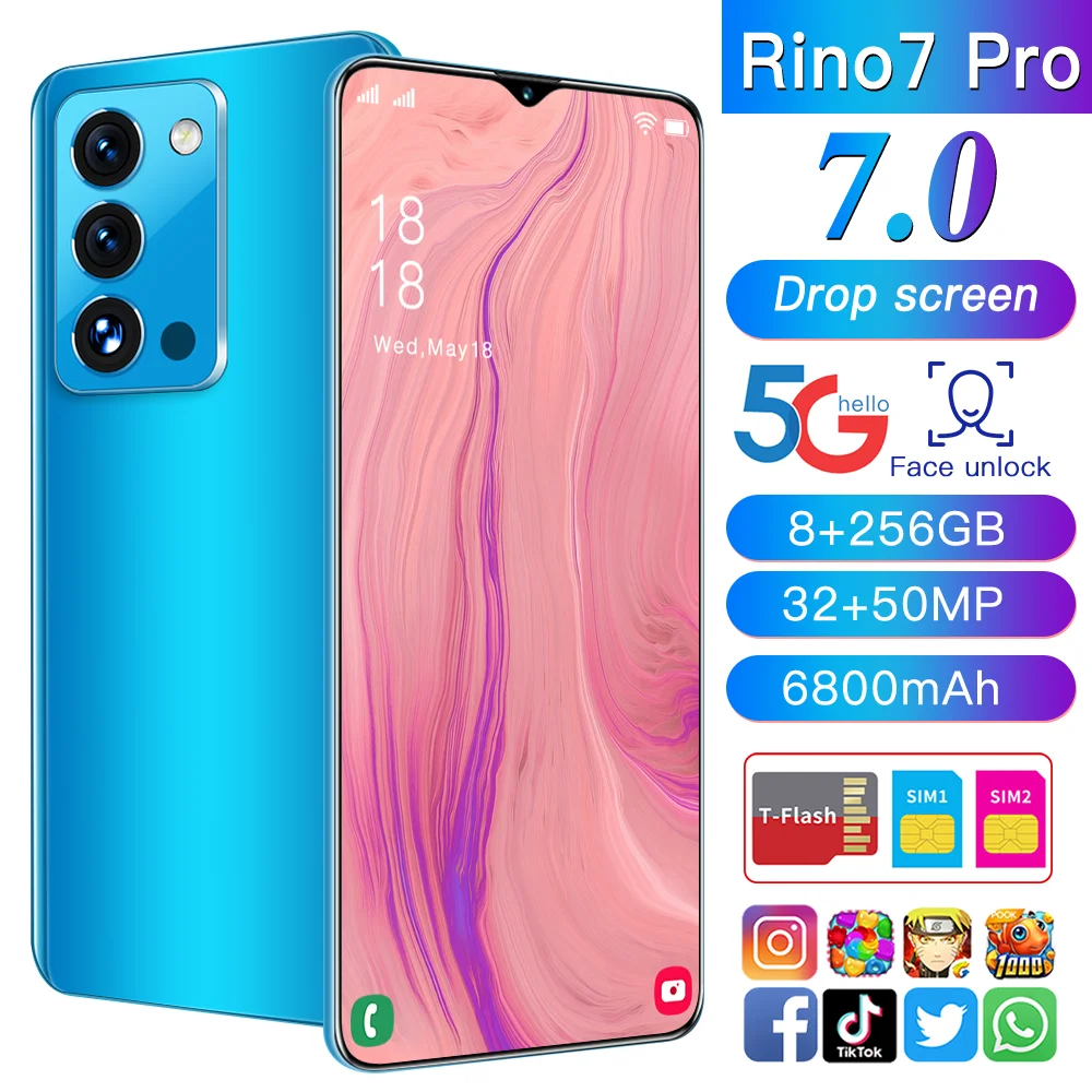 

Global 5G Mobile Phone Version Rino7 Pro 7.0Inch 10Core 32+50MP 6800MAH Qualcomn 888 8+256GB Face Unlock Dual SIM Card Android11