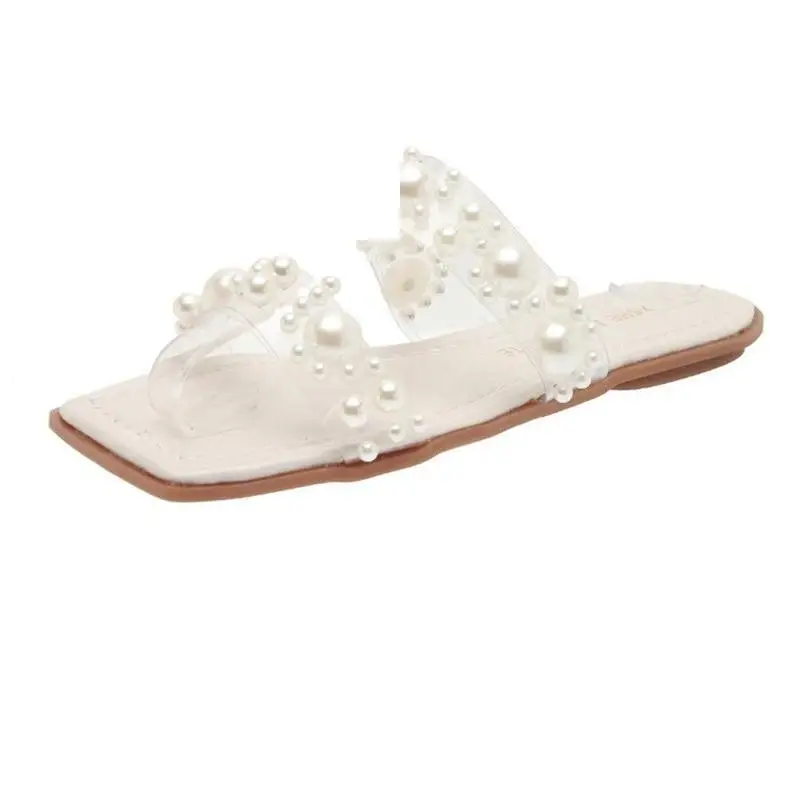 

Flat Shoes Female String Bead Ladies' Slippers Luxury Slides Slipers Women Designer 2021 Soft Summer Fashion Basic PU Rubber