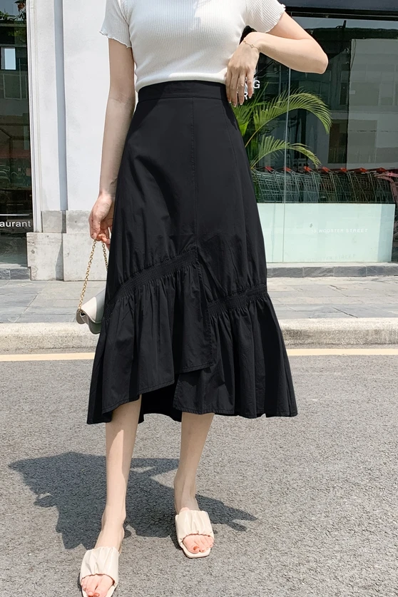 

2021 Summer Fashion Women Elegant Solid Sexy Asymmetrical High Waist Skirt Casual Loose Pleats Office Lady Skirts
