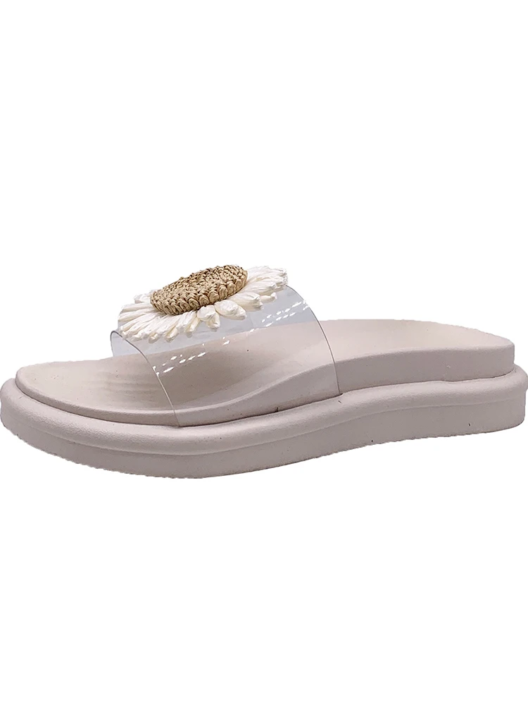 

2021 summer new women's slippers Korean style fashion simple thick-soled daisy one-word slippers outer wear large size 35-40.