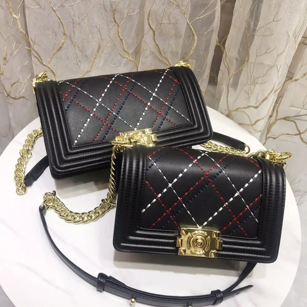 

free shipping 2020 the new style thread diamond lattice genuine cow leather women one shoulder bag crossbody bag 3 color 2 size