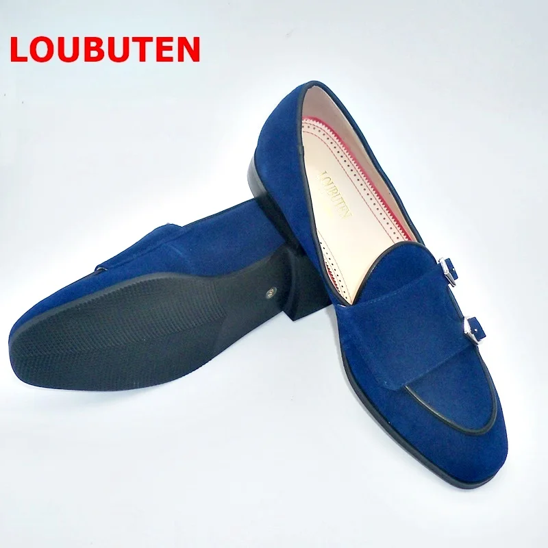 Мужские замшевые лоферы ручной работы LOUBUTEN темно-синие роскошные кожаные туфли