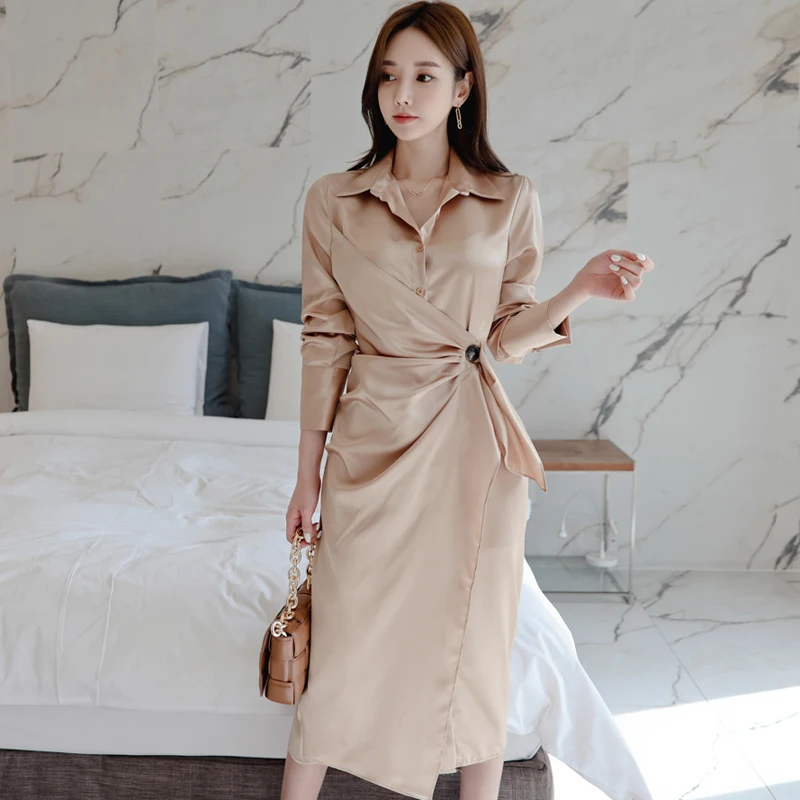 

2020 Autumn Long Sleeved Solid Turn-Down Collar High Waisted Pencil Mid-Calf Women's Casual Office Dress