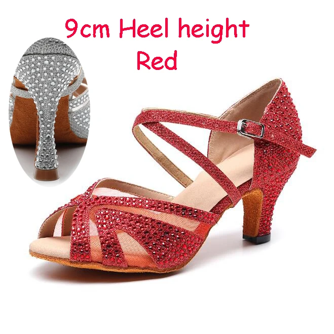 Red 9cm Heel Женская обувь для латинских танцев; стразы; блестящая обувь для сальсы; Бальные сандалии; обувь для танцев; обувь на высоком каблуке 9 см; Цвет серебристый, белый - Цвет: Red 9cm Heel