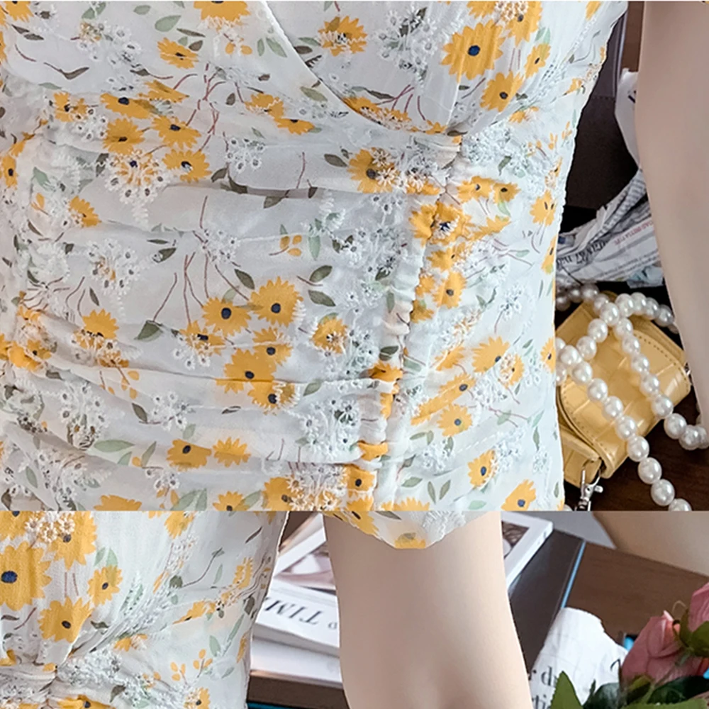 

Dress Vestidos Robe Femme Mujer Verano For Women 2021 Summer Fiesta Casual Hollow Out Folds Puff Sleeve Buttocks Floral Maiden