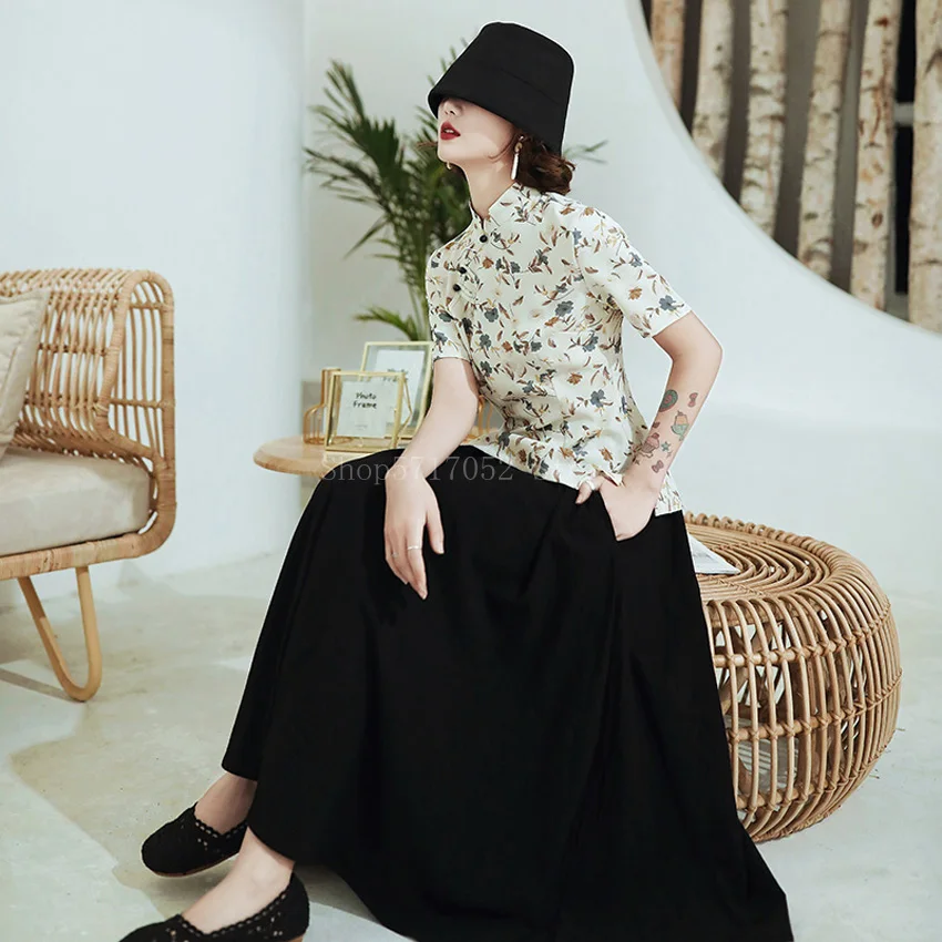 Традиционная китайская одежда для женщин рубашка в полоску с цветочным принтом