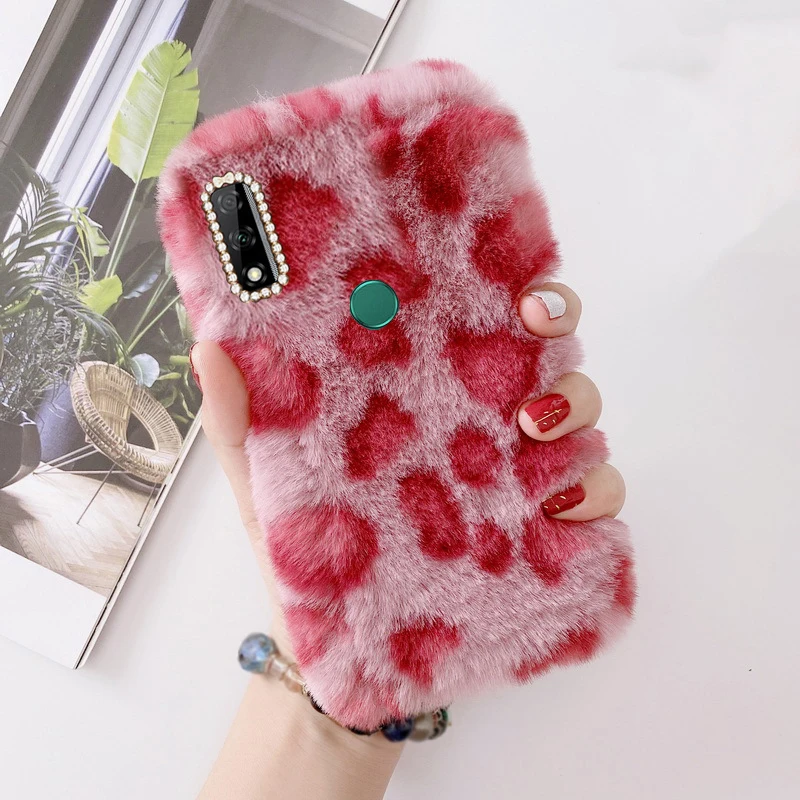 

Case For HuaWei Y8s Y9s P Smart 2019 2020 Honor 9X Pro fashion Leopard Plush rabbit warm protection Cover Shiny diamond Cases