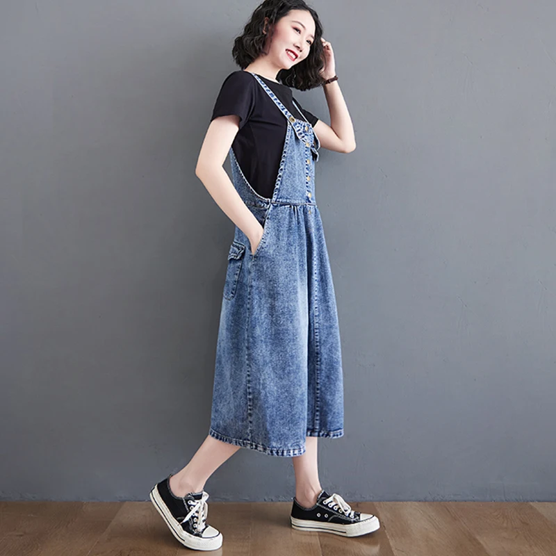 Женское джинсовое платье комбинезон #2445 черно синее однобортное свободное