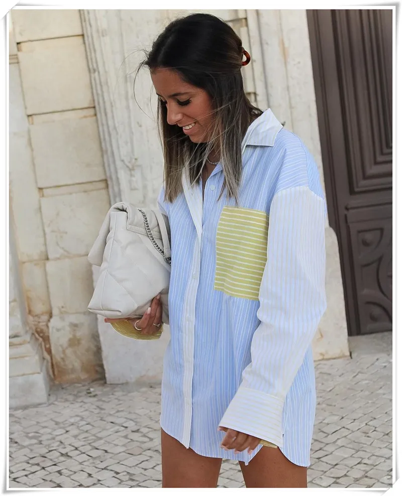 

Spliced Patchwork Oversize Blouse Women Spring Casual Ladies Striped Shirts Female Tops Plus Size feminino Sobrecamisa Mujer