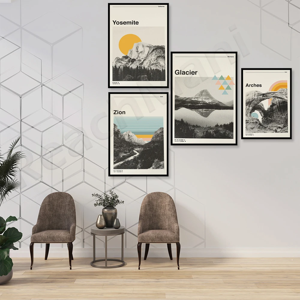 Винтажные дорожные постеры Zion Yosemite арки адиая национальный парк ледника